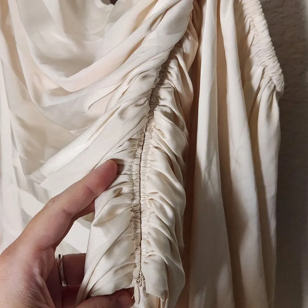 DO+BE One Shoulder Satin Blouse Women's M Ivory Ruched Puff Sleeve Party Top